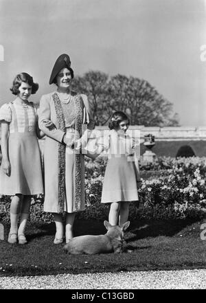 Queen Elizabeth (center), the former Duchess of York, and her children, Princess (and future Queen) Elizabeth II (left), and Princess Margaret Rose (right), circa 1939. Stock Photo