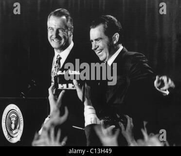 1972 US Presidency, Vice Presidents. Vice President Spiro Agnew and US President Richard Nixon at a victory rally the day after winning the 1972 Presidential election, Washington, D.C., November 8, 1972. Stock Photo