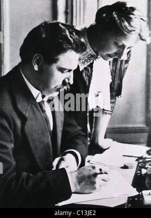 Albert Schweitzer (1875-1965), with his wife and medical partner, Helene Bresslau, in 1913, the year they established their first mission hospital at Lambarene, Gabon (then French Equatorial Africa). Five decades later, he received the 1952 Nobel Prize for his humanitarian work. Stock Photo