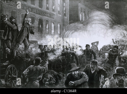 The Haymarket Riot, May 4, 1886, Chicago. Beginning as a strike rally, an unknown person threw a dynamite bomb that killed eight police and a number of civilians. Stock Photo