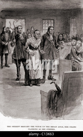 Salem Witch Trials. Elderly Rebecca Nurse in heavy chains after her conviction for witchcraft in June 1692. In spite of the petitions of many, an initial but then reversed 'not guilty verdict', she was hung on July 19, 1692. Stock Photo