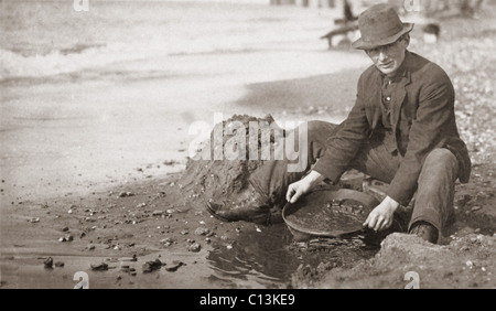 Man panning gold on Nome, Alaska, Beach in the early 20th century. Stock Photo