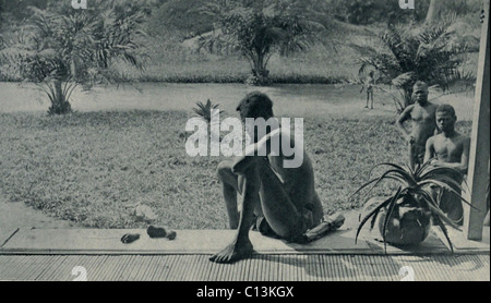 Atrocities of the Rubber Slavery in the Belgian Congo. Grief stricken man lost his wife and two children to soldiers who killed Stock Photo