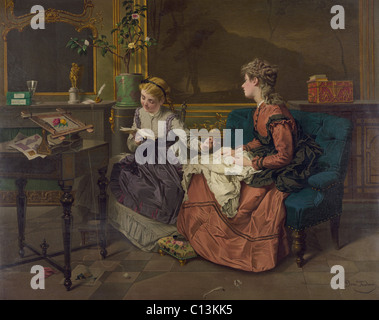 Domestic scene with two girls, one reading to another who sews. 1873. Stock Photo