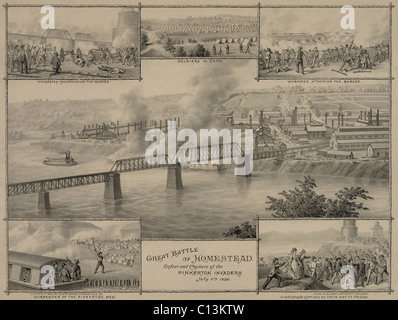 Great Battle of Homestead, The Defeat and Capture of the Pinkerton Invaders. Commemorative prints with six scenes of the violent events of July 6, 1892, when Pinkerton Guards hired by Carnegie Steel were attacked by strikers as the attempted to debark from barges at Homestead. Stock Photo