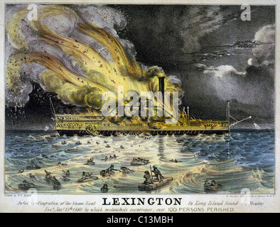 Disastrous fire on steam boat Lexington in Long Island Sound on January 13 1840 killing all but 4 of its 143 passengers. The Lexington has previously been owned by Cornelius Vanderbilt and was the fastest ship on the New York to Boston route. LC-USZC4-3102 Stock Photo