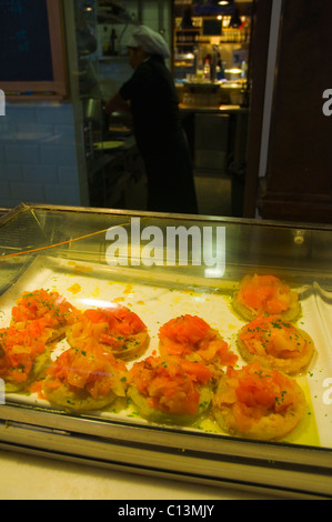 Seafood tapas in Mercado de San Miguel market hall La Latina district central Madrid Spain Europe Stock Photo