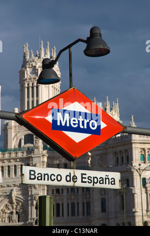 Metro station Banco de Espana sign Calle de Alcala street central Madrid Spain Europe Stock Photo