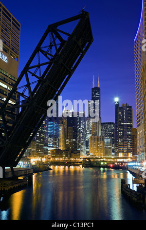 USA, Illinois, Chicago, City reflected in Chicago River Stock Photo