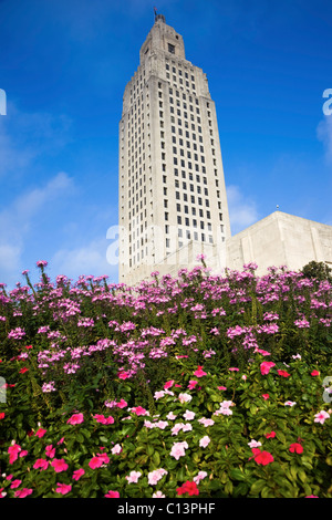 USA, Louisiana, Baton Rouge, State Capitol Building with flowers Stock Photo