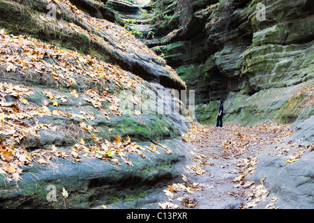 USA, Illinois, Starved Rock State Park, Woman standing in canyon Stock Photo