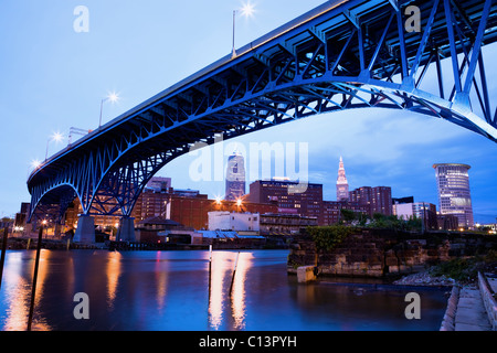 USA, Ohio, Cleveland, Bridge over River Cuyahoga Stock Photo