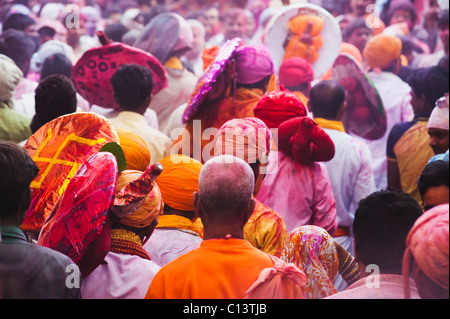 People celebrating Holi festival, Barsana, Uttar Pradesh, India Stock Photo