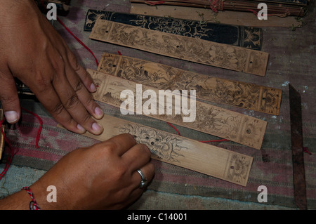 Lontar bamboo leaf books in the antique style at the Aga village of Tenganan in eastern Bali Stock Photo