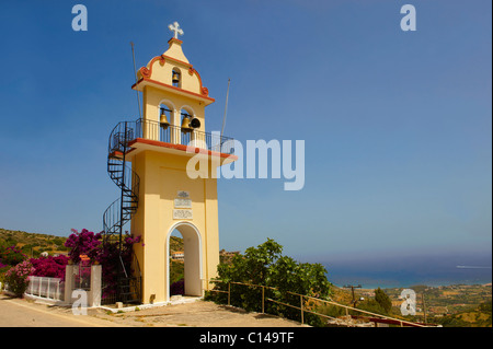 The Orthodox church tower of Panagia of Langouvarda at the foot of which The Virgin Mary's Snakes appear. Kefalonia Greece Stock Photo