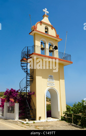 The Orthodox church tower of Panagia of Langouvarda at the foot of which The Virgin Mary's Snakes appear. Kefalonia Greece Stock Photo