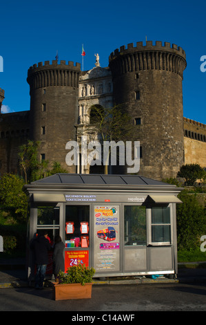 Ticket booth for sightseeing tour bus in front Castel Nuovo fortress Naples Campania Italy Europe Stock Photo