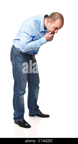 young caucasian man looking down isolated on white Stock Photo