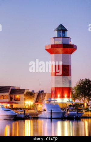 The famous Harbour Town Lighthouse at dusk on Hilton Head Island, South Carolina. Stock Photo