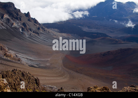 View looking down from the 10,000 foot Haleakala volcano on Maui into the crater. Stock Photo