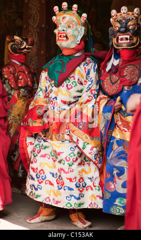 Bhutanese monks prepare to dance in a Buddhist festival in the central Bhutanese dzong of Trongsa. Stock Photo