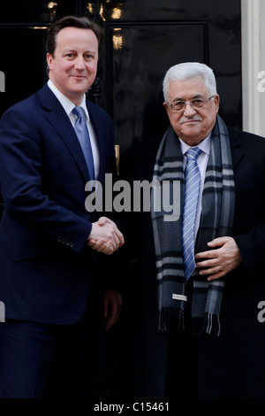 Prime Minister David Cameron meets the President of the Palestinian National Authority, Mahmoud Abbas at 10 Downing Street. Stock Photo