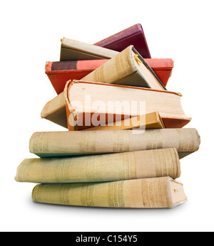 A lot to read, large pile of old books, isolated over white background. Stock Photo