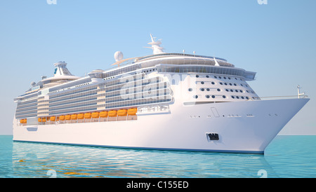 A very realistic view 3D illustration of a Cruise Ship, similar to the Freedom of the Sea ship. Sailing out at sea. Stock Photo