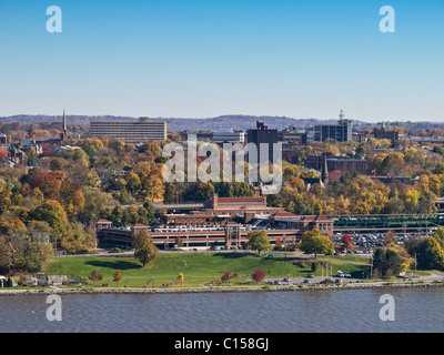 City of Poughkeepsie, NY along Hudson River showing Metro North Station and skyline as seen from west. Stock Photo