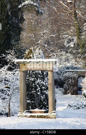 Cholmondeley Castle Gardens. Picturesque winter view of Cholmondeley Castle Temple Water Garden. Stock Photo