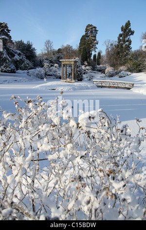 Cholmondeley Castle Gardens. Picturesque winter view of Cholmondeley Castle Temple Water Garden. Stock Photo