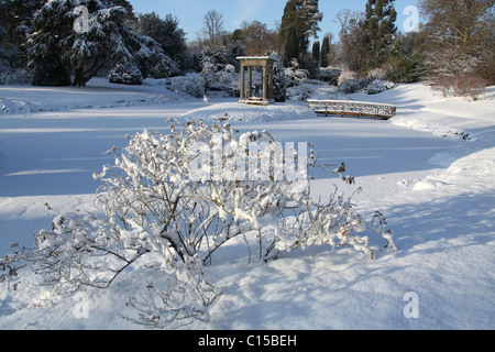 Cholmondeley Castle Gardens. Picturesque winter view of Cholmondeley Castle Temple Water Garden. Stock Photo