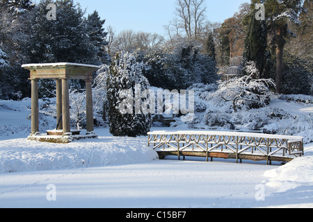 Cholmondeley Castle Gardens. Picturesque winter view of Cholmondeley Castle Temple Water Garden. Stock Photo