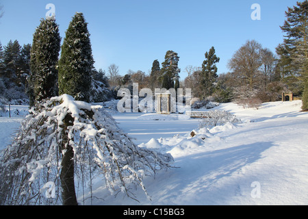 Cholmondeley Castle Gardens. Picturesque winter view of Cholmondeley Castle Temple Water Garden. Stock Photo