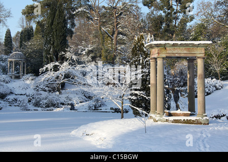 Cholmondeley Castle Gardens. Picturesque winter view of Cholmondeley Castle Temple Water Garden. Stock Photo