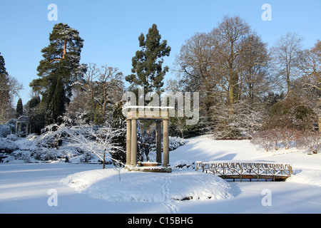 Cholmondeley Castle Gardens. Picturesque winter view of Cholmondeley Castle Temple Water Garden. Stock Photo