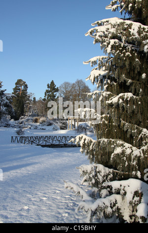 Cholmondeley Castle Gardens. Picturesque winter view of Cholmondeley Castle Temple Water Garden. Stock Photo