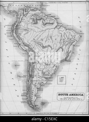 Old map of South America from original geography textbook, 1865 Stock Photo