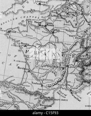 Old map of France from original geography textbook, 1865 Stock Photo