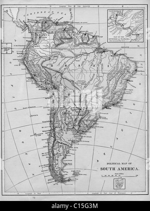Old map of South America from original geography textbook, 1884 Stock Photo