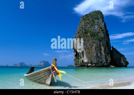 Long-tail boats on Phra Nang Beach, Krabi, Thailand, Southeast Asia Stock Photo