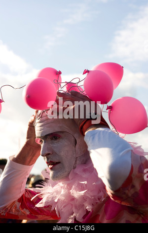 Pink air head fancy dress at Shambala music and arts festival Stock Photo