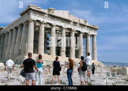 Tourists in front of the Parthenon Temple, Acropolis, Athens, Greece, Europe Stock Photo