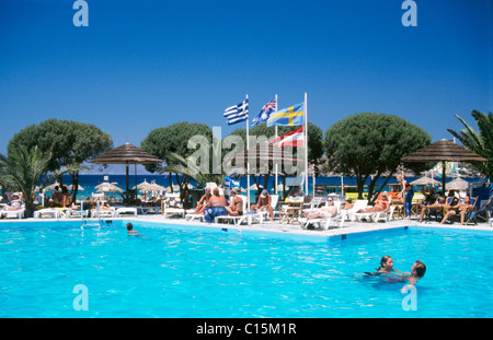 Hotel swimming pool, Milopotas Beach, Ios Island, Cyclades, Greece, Europe Stock Photo