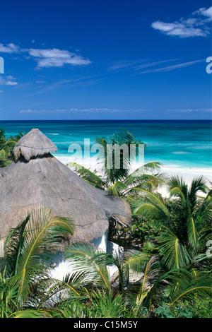 Looking down onto hotel hut in the Sian Ka'an biosphere reserve, Riviera Maya, Yucatan, Mexico, North America Stock Photo