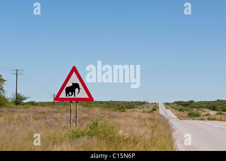 Traffic sign warning elphants crossing in Otjikondo, Namibia Stock Photo