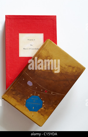 The Mayor of Casterbridge leather bound book resting on top of red presentation case, set on white background Stock Photo