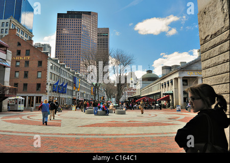 Wide angle view of Faneuil Hall Marketplace in Boston, Massachusetts, USA, 2009. (MR available for girl right foreground). Stock Photo
