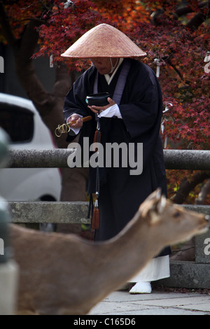 Deer crosses in front of a fortune teller in Nara Koen park, Nara, Honshu, Japan. Stock Photo