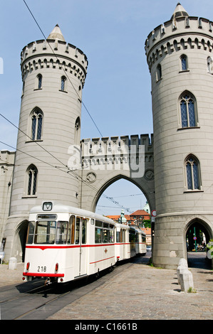 Historic tram going through Nauener Tor, Nauen Gate, Potsdam, Brandenburg, Germany, Europe Stock Photo